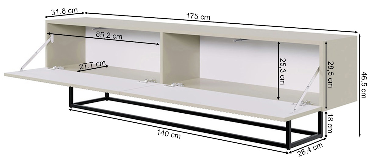 Szafka RTV Veldio z frezowanym frontem 175 cm Szary beż z czarnymi nogami  - zdjęcie 8