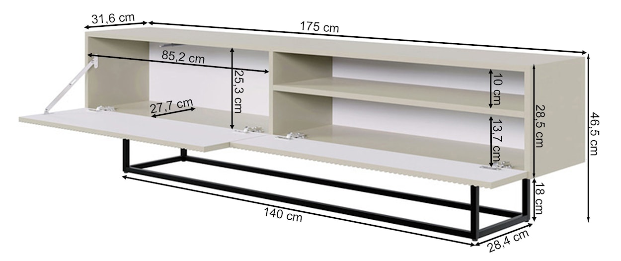 Szafka RTV Veldio z frezowanym frontem i wnęką 175 cm Biała z czarnymi nogami  - zdjęcie 9