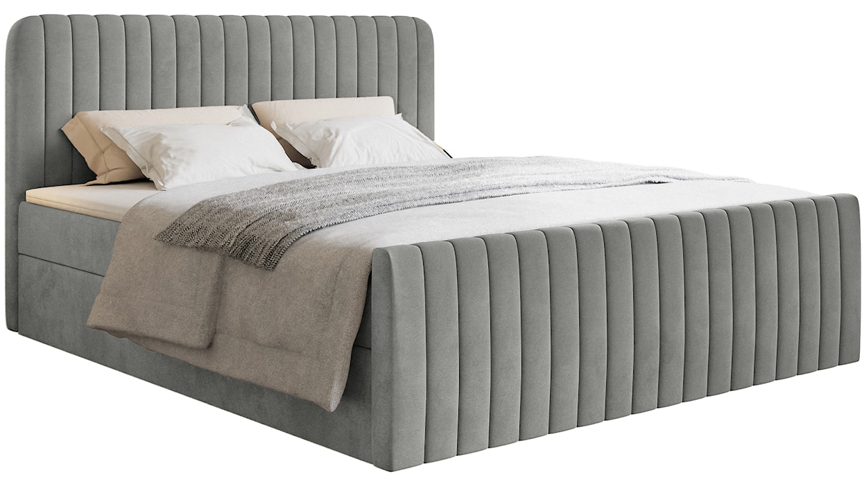 Łóżko kontynentalne 200x200 cm Saliano z pojemnikami i topperem szare welur 