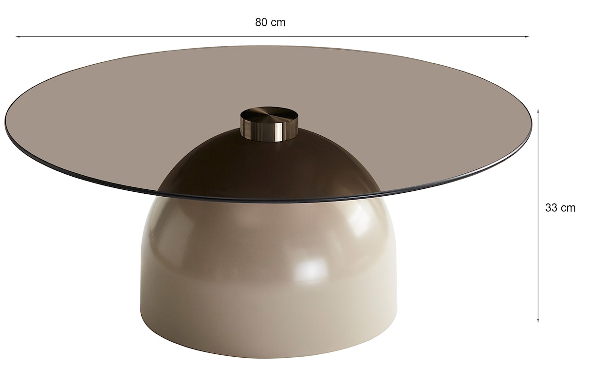 Stolik kawowy Velmorra okrągły średnica 80 cm z dymionym szklanym blatem i metalową podstawą kaszmir  - zdjęcie 6