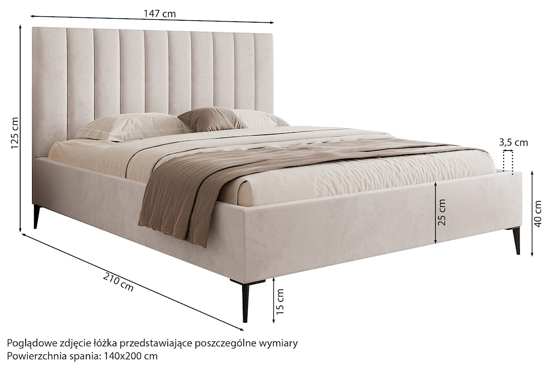 Łóżko tapicerowane 140x200 cm Veloro z pojemnikiem jasnoszare welur stelaż metalowy na wysokich nóżkach  - zdjęcie 5