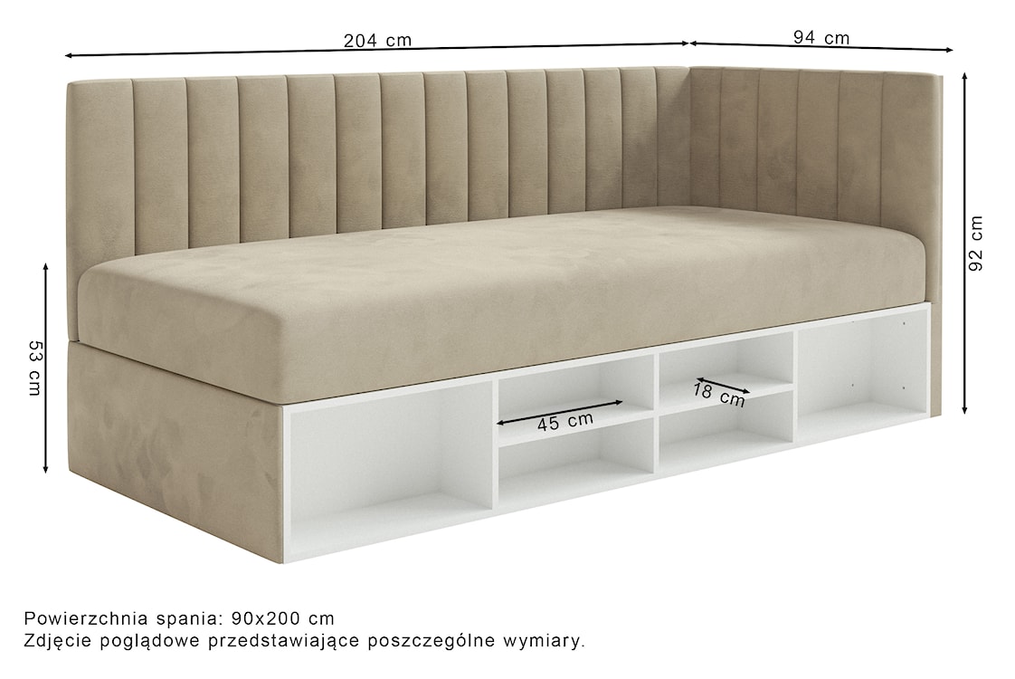 Łóżko młodzieżowe Ventrio lewostronne z pojemnikiem i półkami jasnobeżowe welur hydrofobowy łatwoczyszczący  - zdjęcie 8