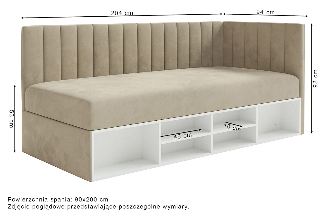 Łóżko młodzieżowe 90x200 cm Ventrio lewostronne z pojemnikiem i półkami niebieskoszare welur hydrofobowy łatwoczyszczący  - zdjęcie 8