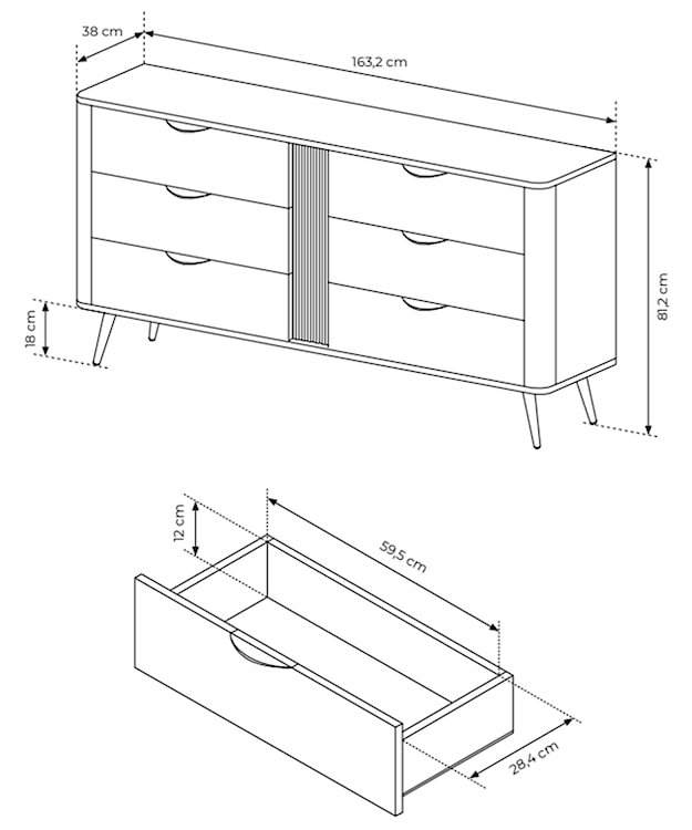 Komoda Veris z ryflami z sześcioma szufladami 163,2 cm dąb dunin z czarnymi nóżkami  - zdjęcie 7