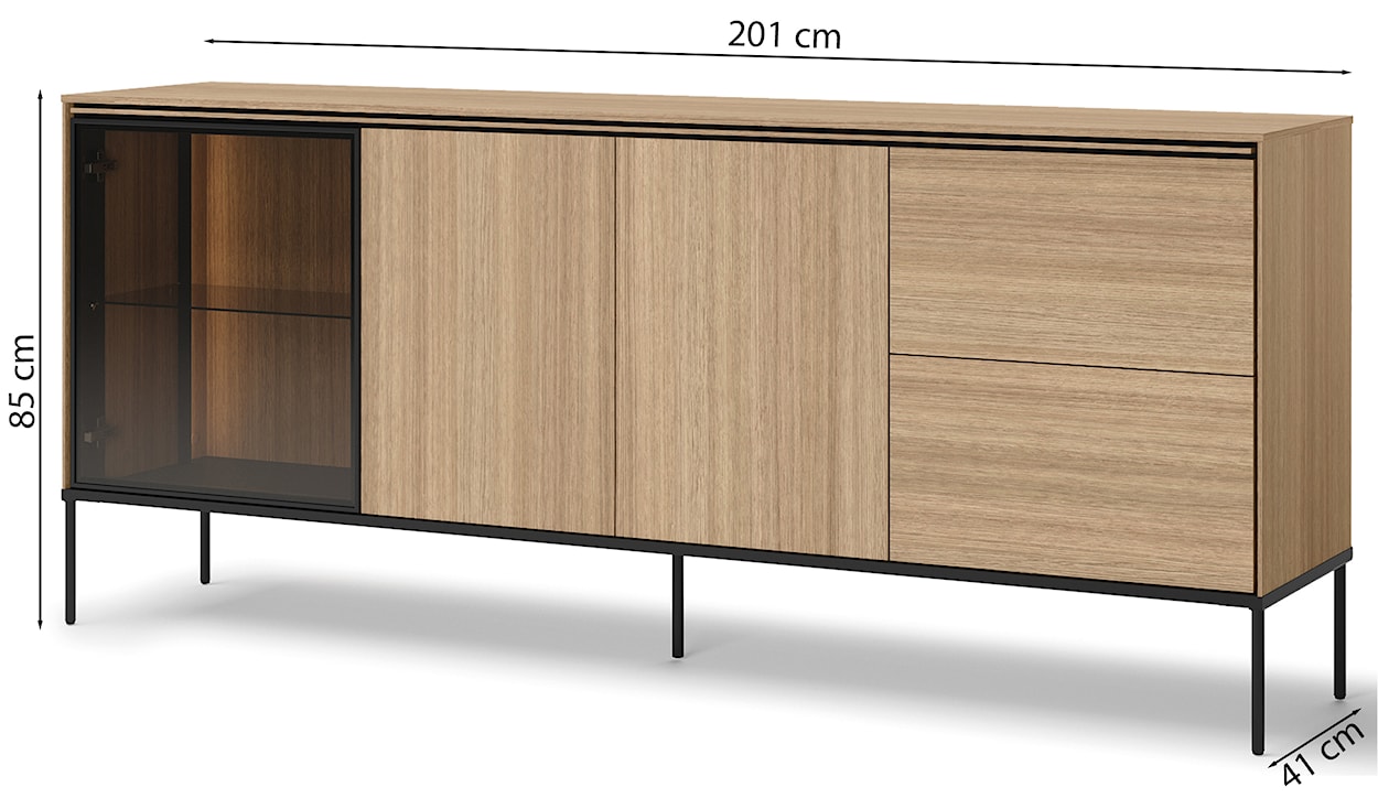 Komoda trzydrzwiowa Visso z witryną i oświetleniem 201 cm dąb linearny  - zdjęcie 5