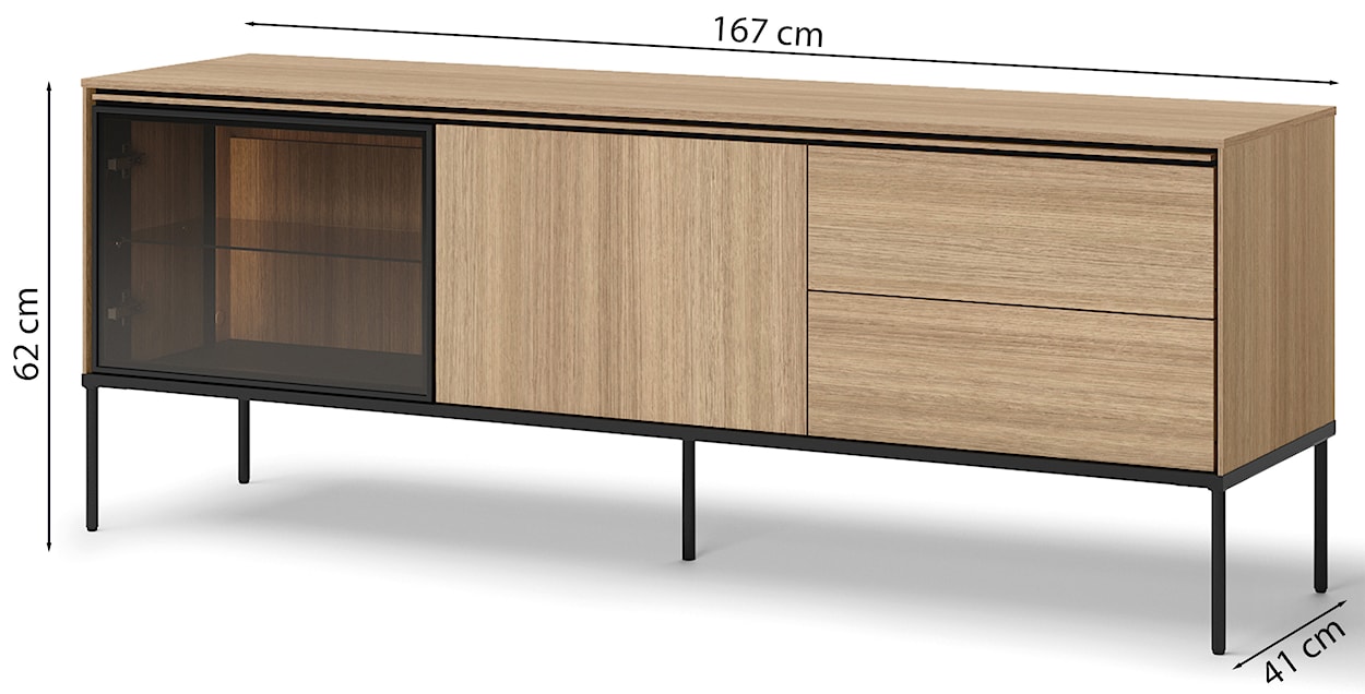 Szafka RTV Visso dwudrzwiowa z witryną i oświetleniem 167 cm dąb linearny  - zdjęcie 5