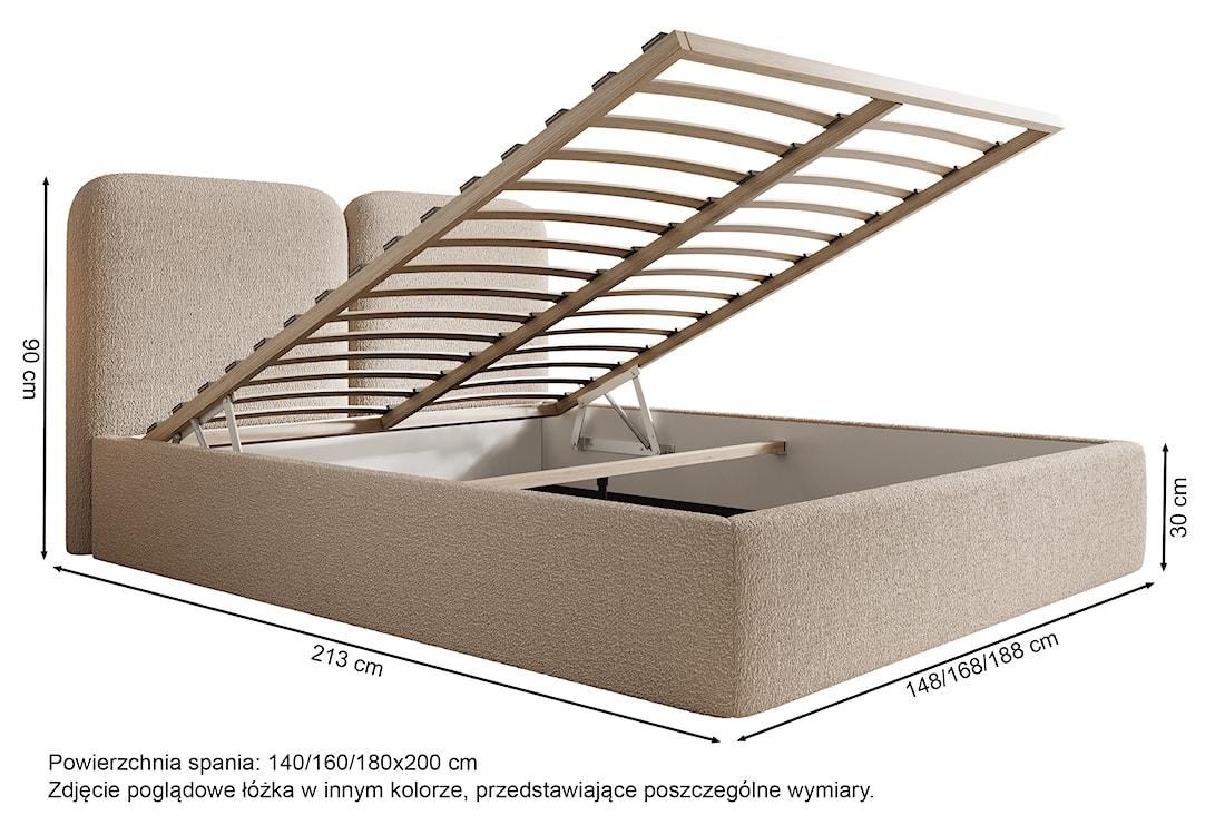 Łóżko tapicerowane Vimsalo 180x200 cm z pojemnikiem kremowe boucle  - zdjęcie 5