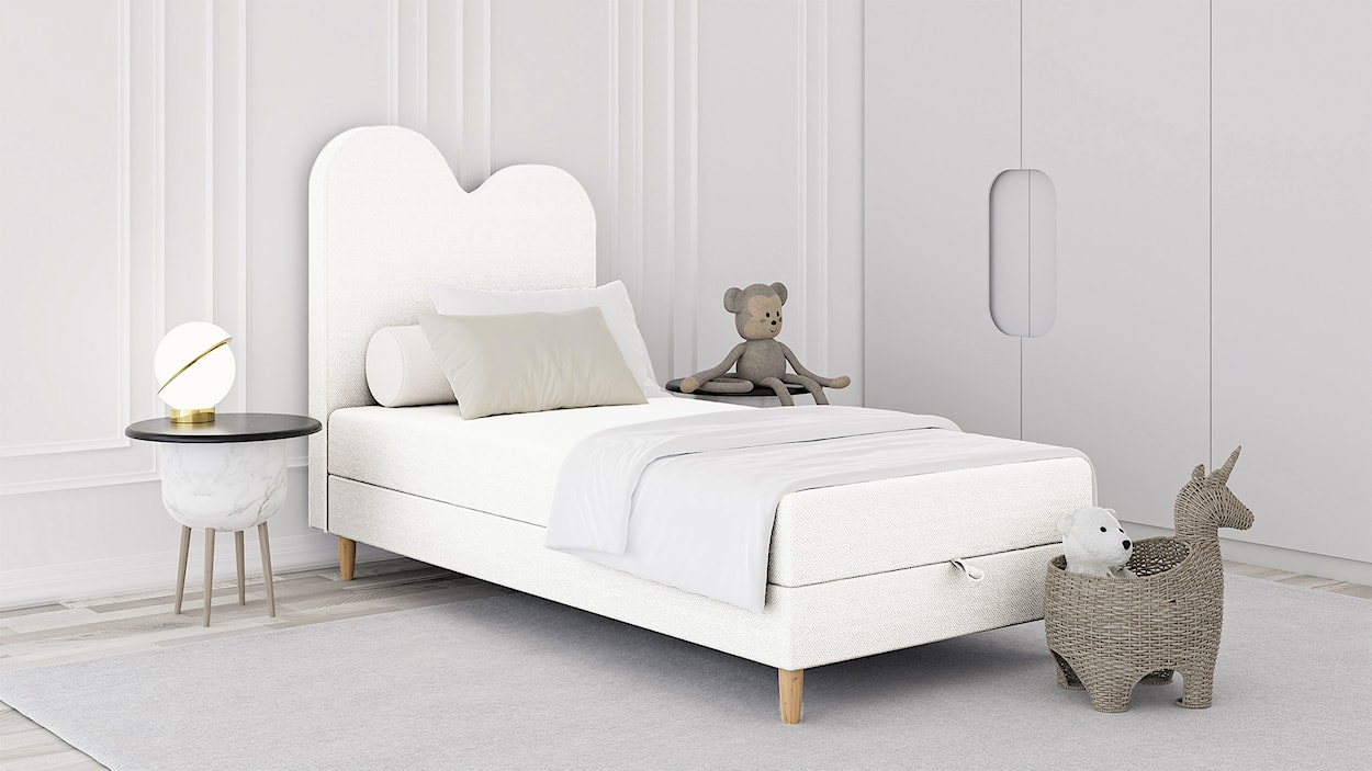 Łóżko dziecięce z pojemnikiem i materacem 90x180 cm Pandino kremowe w tkaninie boucle  - zdjęcie 2