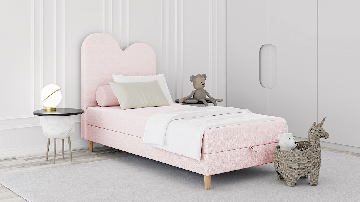 Łóżko dziecięce z pojemnikiem i materacem 90x160 cm Pandino różowe w tkaninie boucle  - zdjęcie 2
