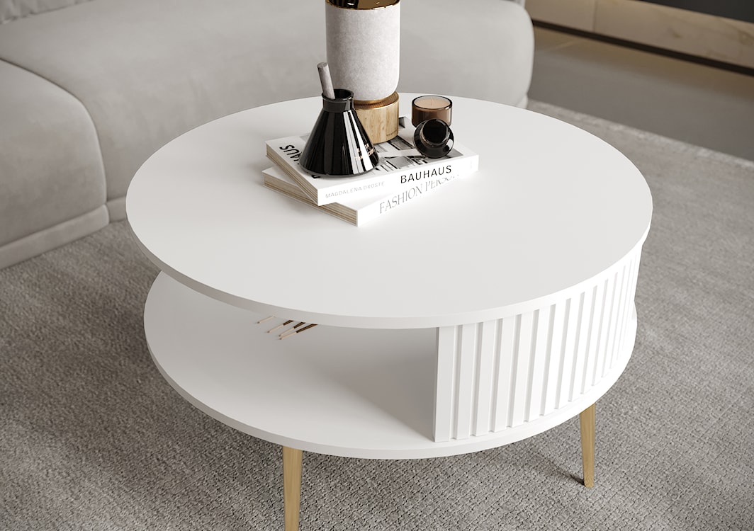 Stolik kawowy Piviano okrągły 76 cm biały ze złotymi nóżkami lamele  - zdjęcie 3