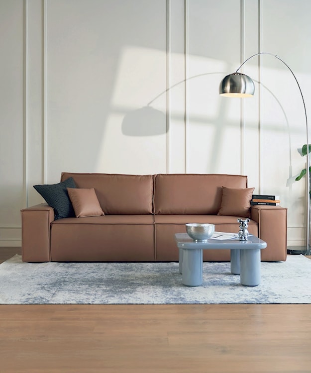 Kanapa rozkładana trzyosobowa Farese Cuero z pojemnikiem brązowa ekoskóra łatwoczyszcząca