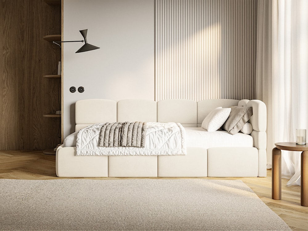 Łóżko młodzieżowe 90x200 cm Cloudy prawostronne z pojemnikiem kremowe welur hydrofobowy łatwoczyszczący  - zdjęcie 3