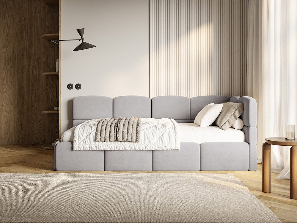 Łóżko młodzieżowe 90x200 cm Cloudy prawostronne z pojemnikiem i barierkami jasnoszare welur hydrofobowy łatwoczyszczący  - zdjęcie 3