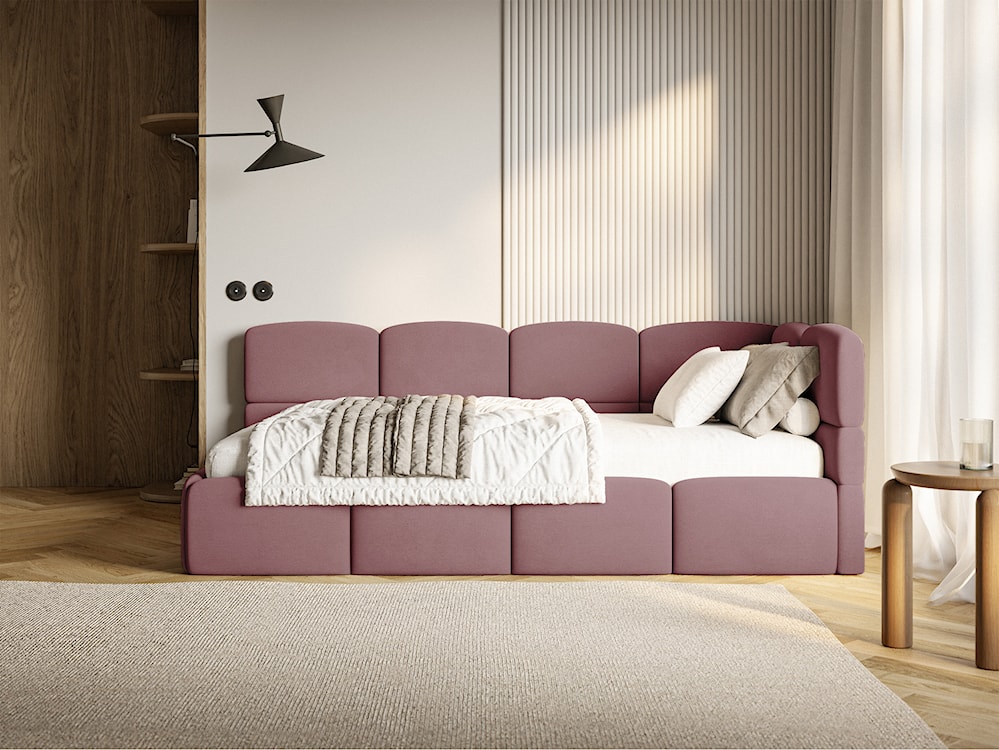 Łóżko młodzieżowe 90x200 cm Cloudy prawostronne z pojemnikiem i barierkami różowe welur hydrofobowy łatwoczyszczący  - zdjęcie 3