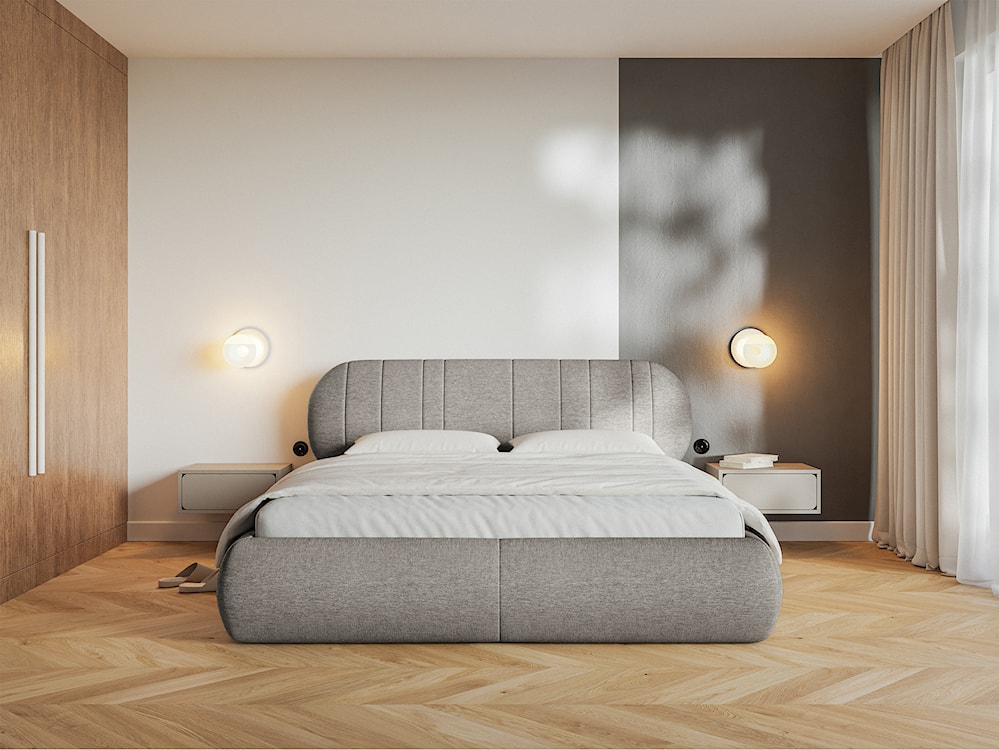 Łóżko tapicerowane 140x200 cm Asmelio z pojemnikiem stelaż metalowy szarobeżowe plecionka  - zdjęcie 3