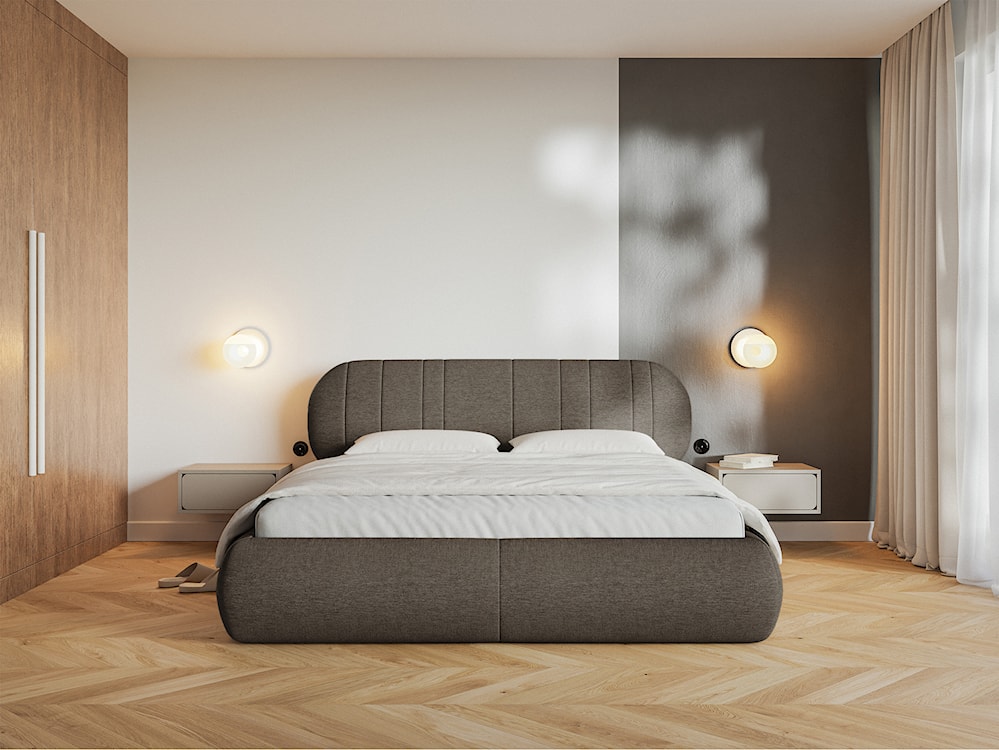 Łóżko tapicerowane 160x200 cm Asmelio z pojemnikiem stelaż metalowy brązowe plecionka  - zdjęcie 3