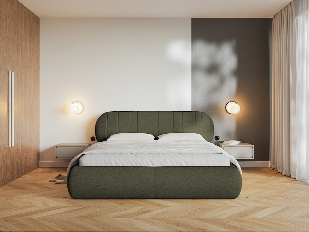 Łóżko tapicerowane 180x200 cm Asmelio z pojemnikiem stelaż metalowy khaki plecionka  - zdjęcie 3