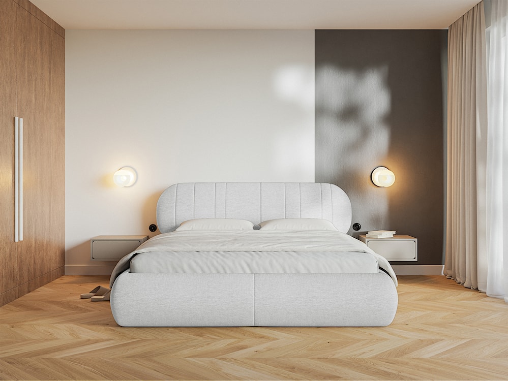 Łóżko tapicerowane 140x200 cm Asmelio z pojemnikiem stelaż metalowy jasnoszare plecionka  - zdjęcie 3
