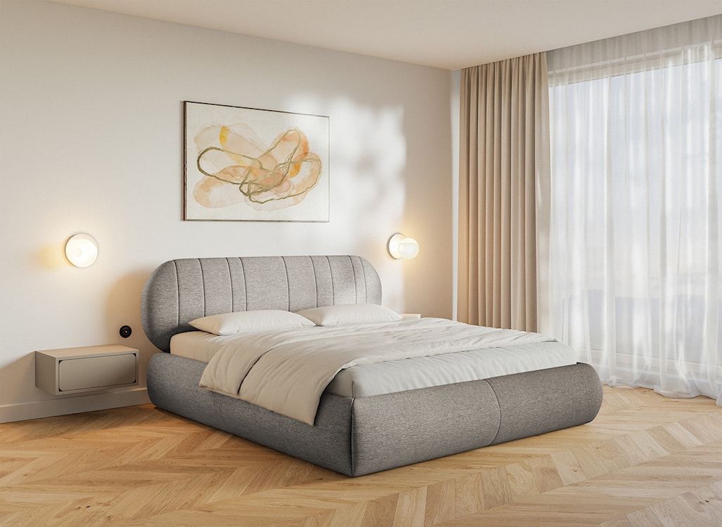 Łóżko tapicerowane 140x200 cm Asmelio z pojemnikiem stelaż metalowy szarobeżowe plecionka  - zdjęcie 2