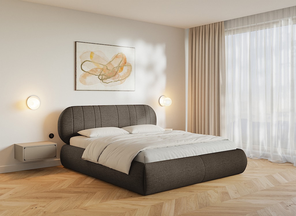 Łóżko tapicerowane 160x200 cm Asmelio z pojemnikiem stelaż metalowy brązowe plecionka  - zdjęcie 2