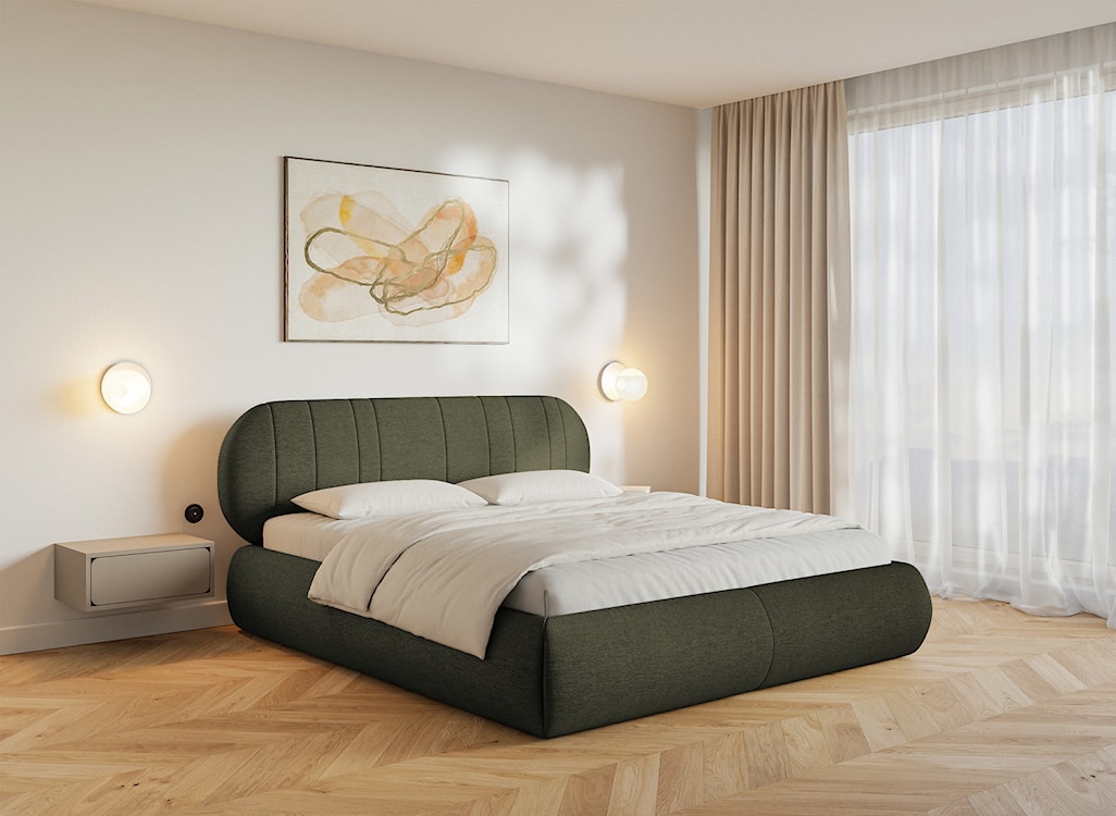 Łóżko tapicerowane 180x200 cm Asmelio z pojemnikiem stelaż metalowy khaki plecionka  - zdjęcie 2