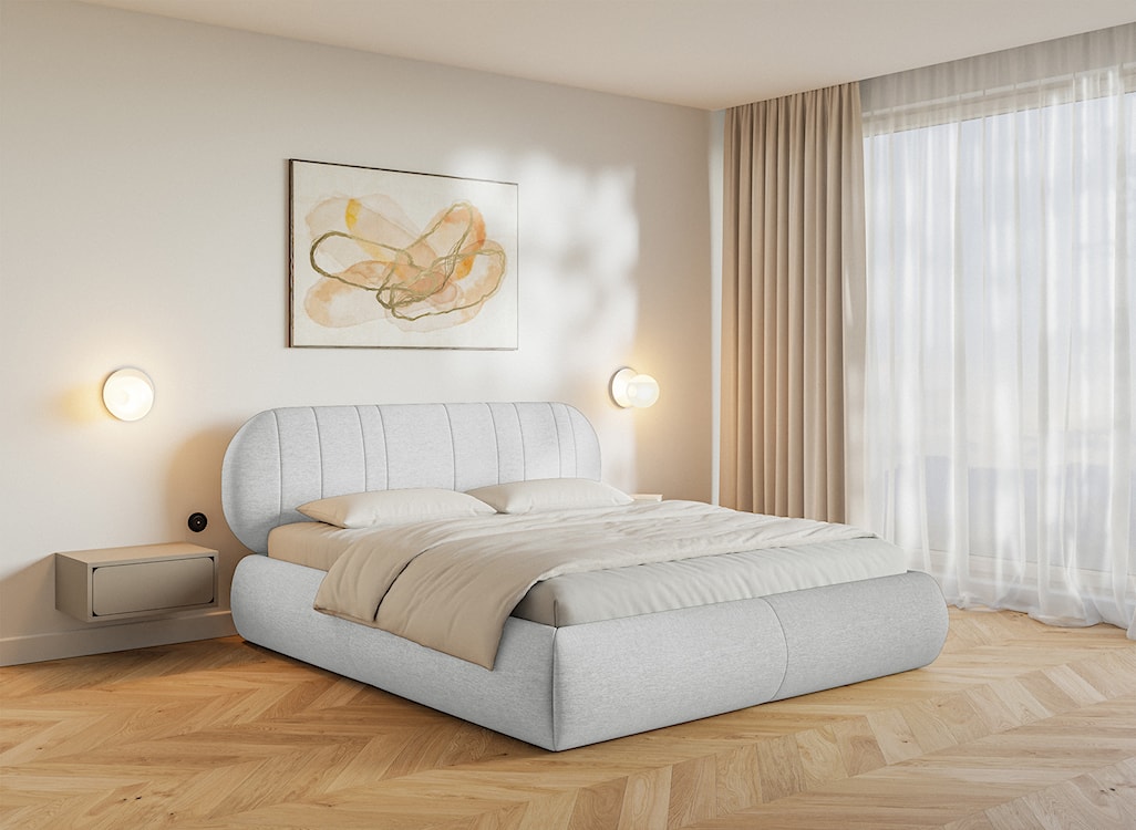 Łóżko tapicerowane 140x200 cm Asmelio z pojemnikiem stelaż metalowy jasnoszare plecionka  - zdjęcie 2