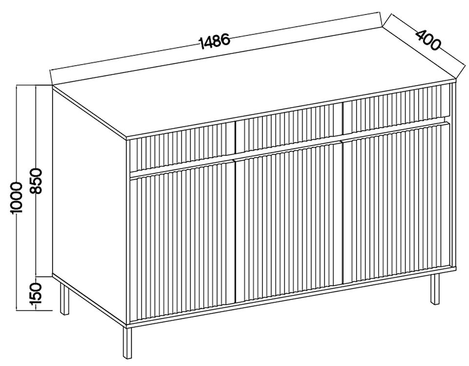 Komoda trzydrzwiowa Osaka z trzema szufladami i ryflowanymi frontami 149 cm dąb evoke na czarnych nogach  - zdjęcie 9