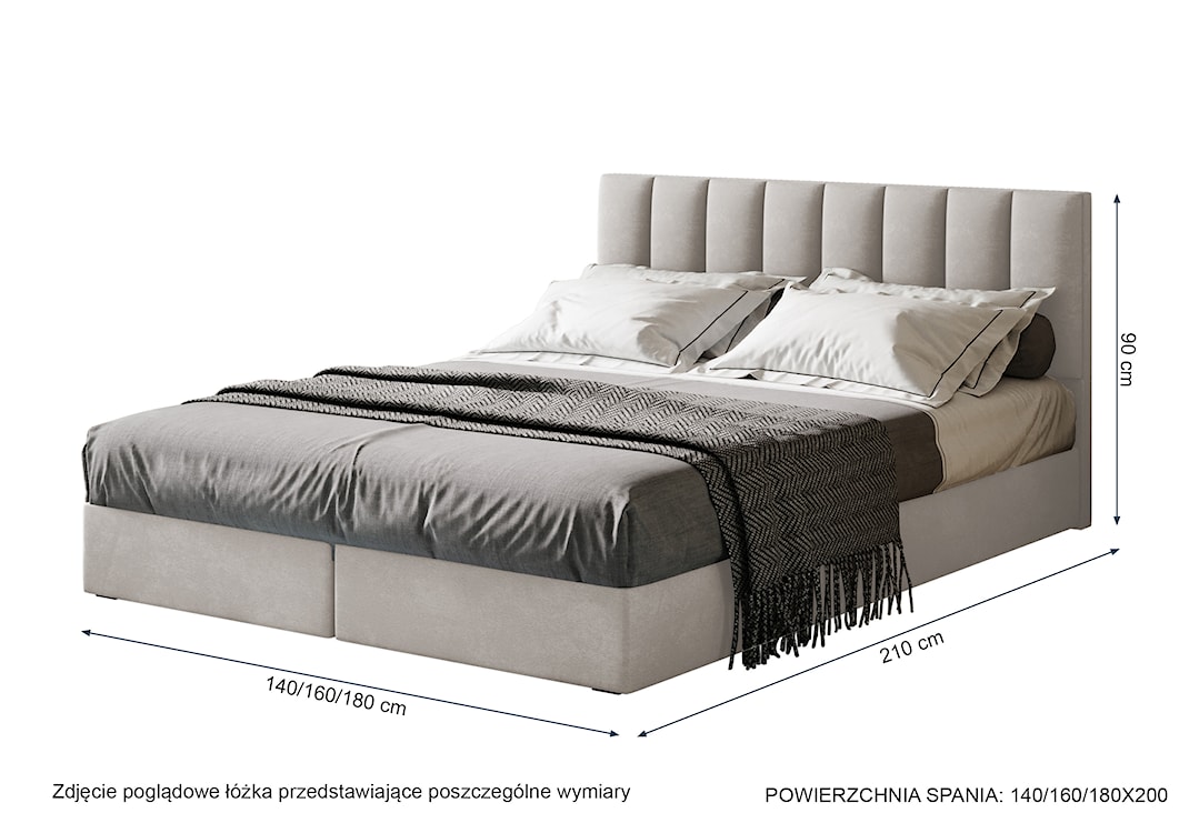 Łóżko kontynentalne 140x200 cm Dorsetto z pojemnikami i materacem bonellowym jasnoszare welur hydrofobowy  - zdjęcie 5