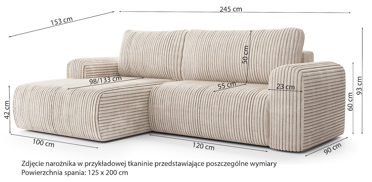 Narożnik z funkcją spania Lelu kremowy L-kształtny z pojemnikiem gruby sztruks lewostronny  - zdjęcie 6