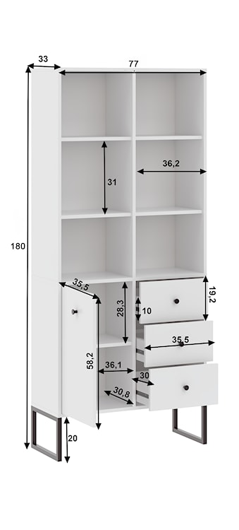 Regał jednodrzwiowy Linea z półkami i szufladami na metalowych nogach biały  - zdjęcie 3