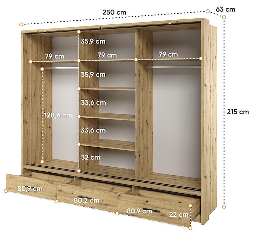 Szafa Arti trzydrzwiowa z lustrem i oświetleniem 250 cm dąb artisan  - zdjęcie 6