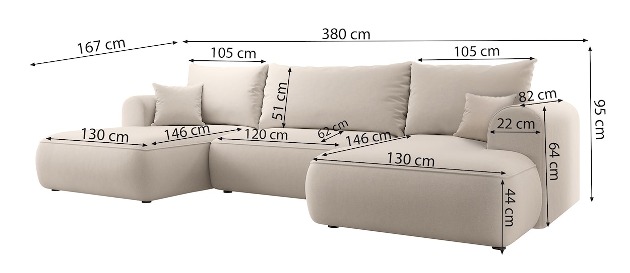 Narożnik z funkcją spania Ovo U-kształtny z pojemnikiem szary welur łatwoczyszczący uniwersalny  - zdjęcie 7