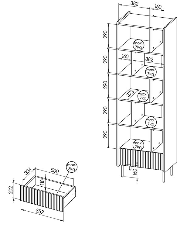 Regał Prestigo z półkami i szufladą z ryflowanym frontem 59 cm orzech warmia/czarny/san sebastian  - zdjęcie 4