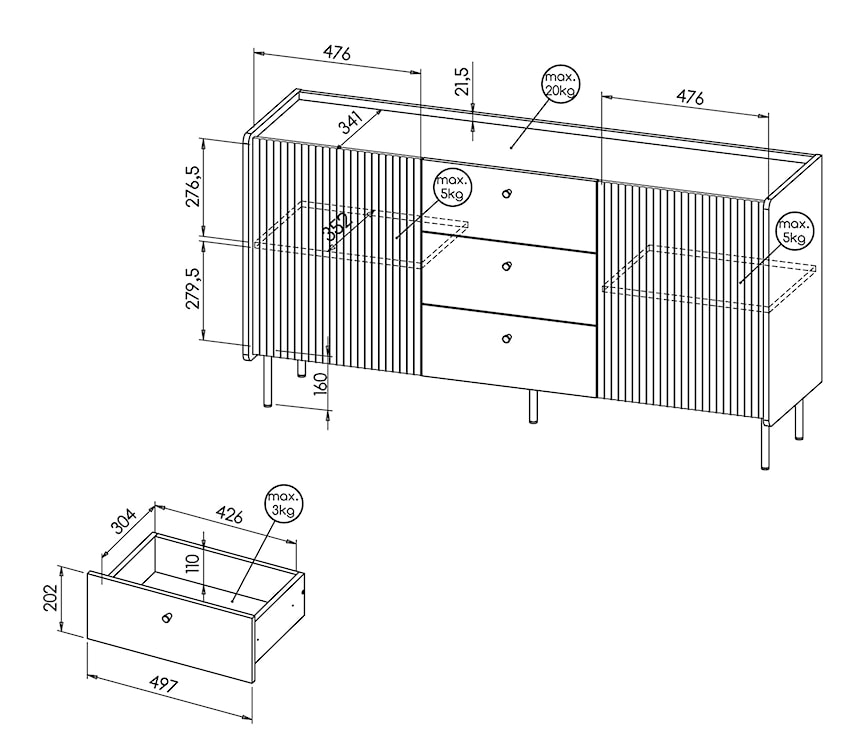 Komoda dwudrzwiowa Prestigo z ryflami i trzema szufladami 150 cm orzech warmia/czarny/san sebastian  - zdjęcie 6