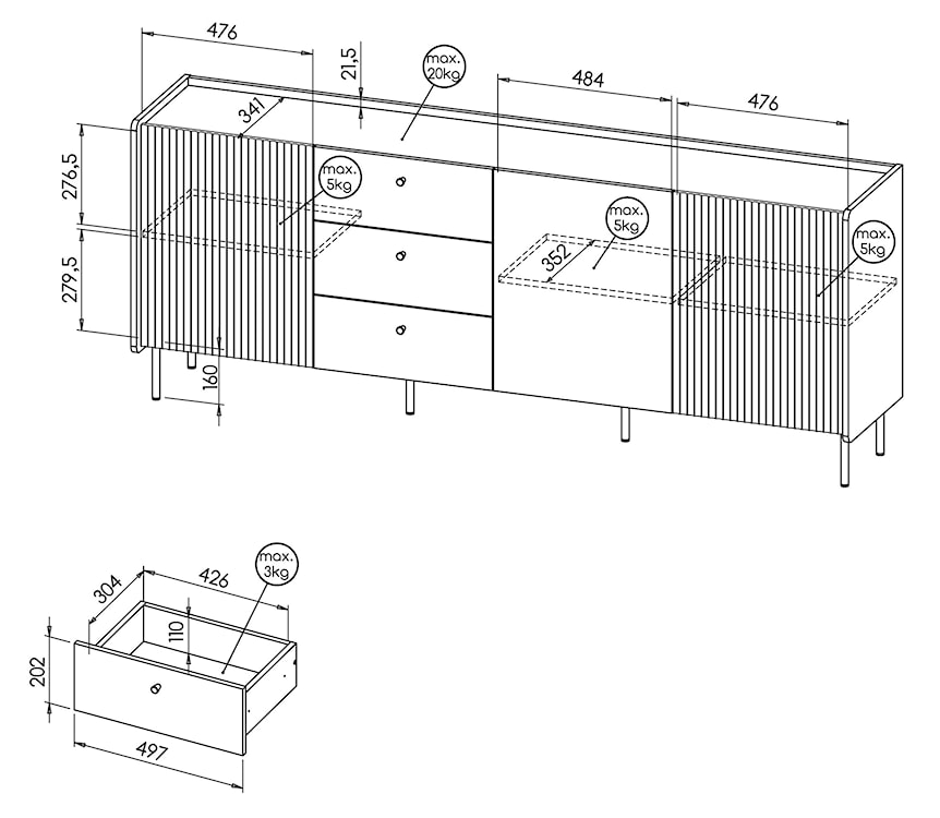 Komoda trzydrzwiowa Prestigo z ryflami i trzema szufladami 200 cm orzech warmia/czarny/san sebastian  - zdjęcie 6