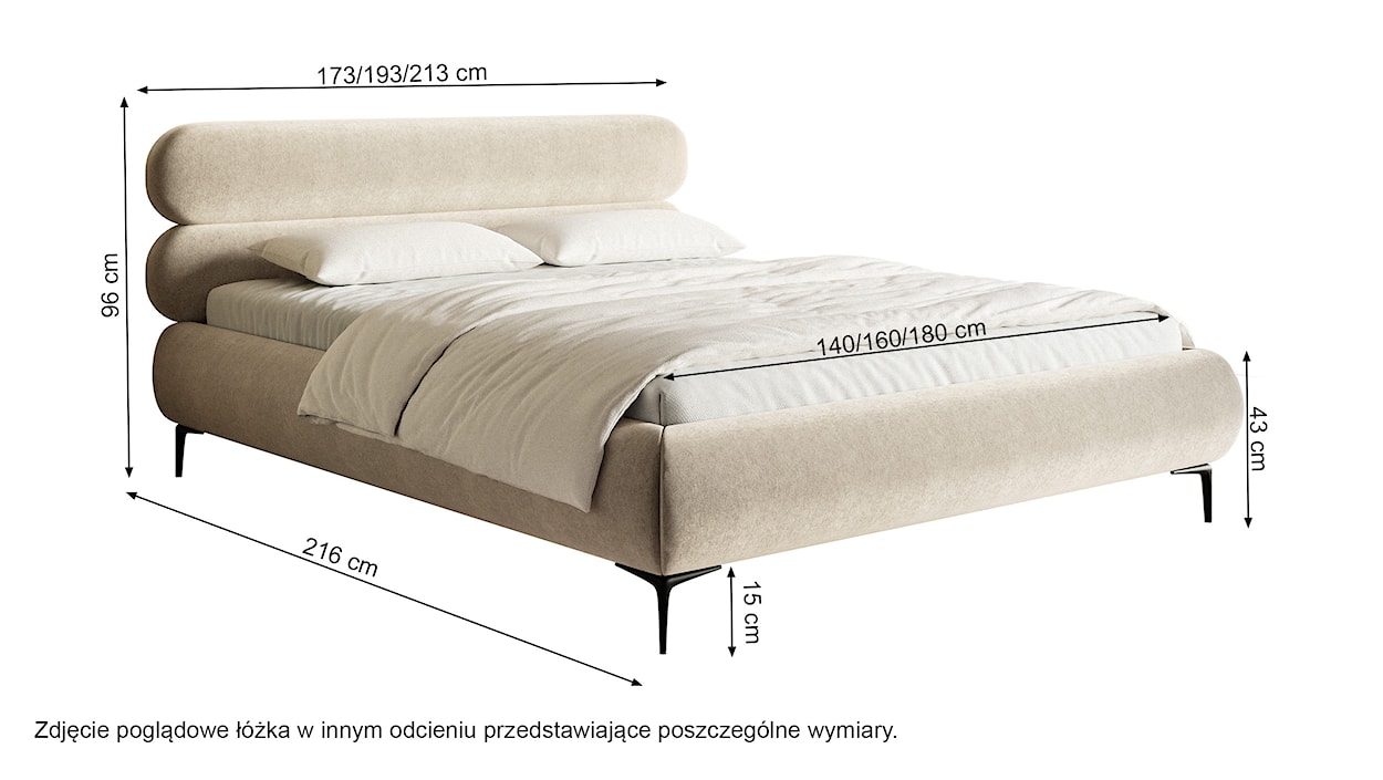 Łóżko tapicerowane 140x200 cm Roule kremowe welur hydrofobowy nóżki czarne  - zdjęcie 8