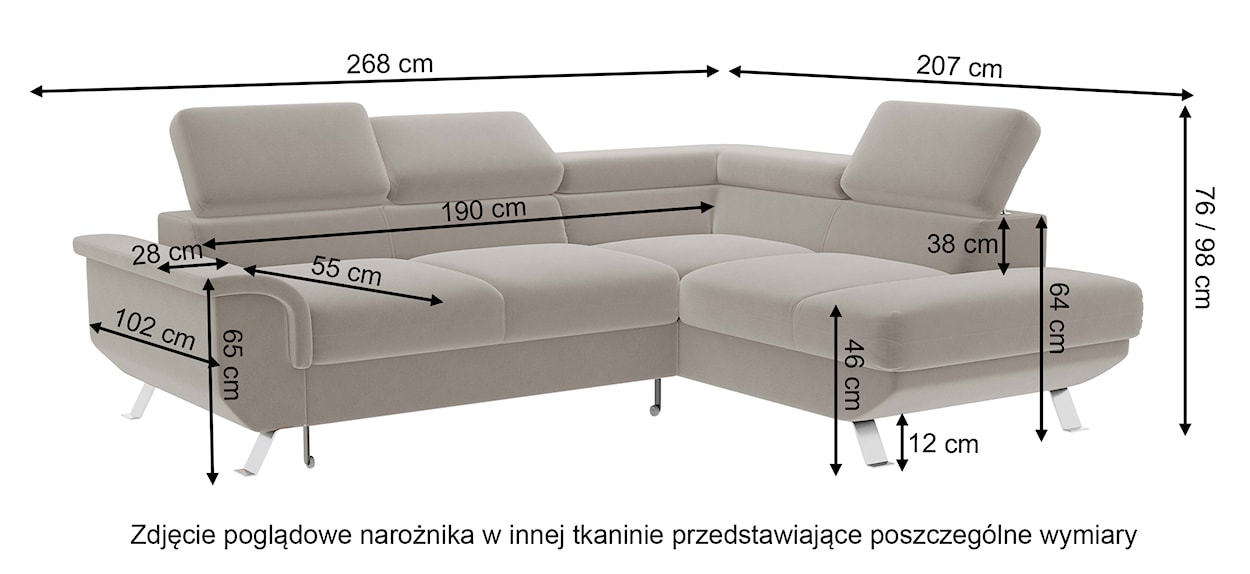 Narożnik z funkcją spania Carenero L-kształtny z pojemnikiem i regulowanymi zagłówkami beżowy welur hydrofobowy prawostronny  - zdjęcie 7