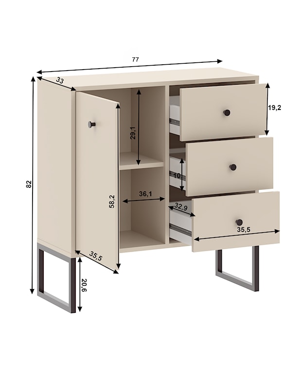Komoda jednodrzwiowa Linea z trzema szufladami 77 cm na metalowych nogach szary beż  - zdjęcie 4