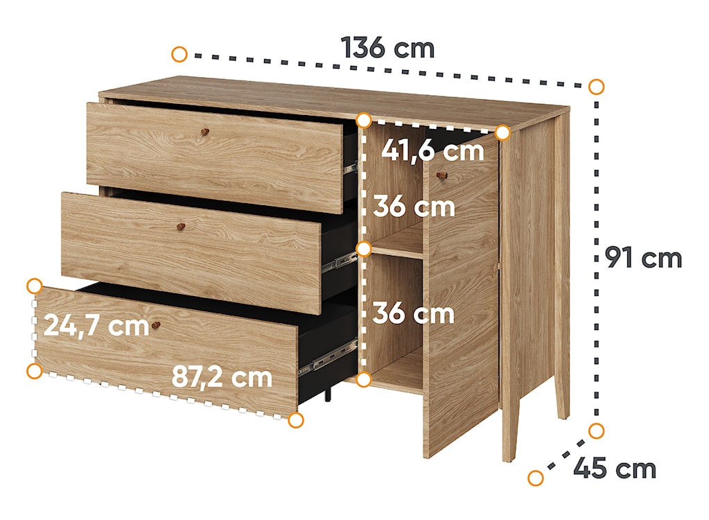 Komoda jednodrzwiowa Cozy z trzema szufladami 136 cm dąb olejowany  - zdjęcie 11