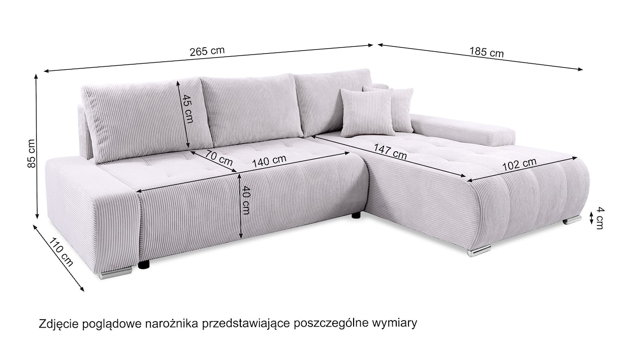 Narożnik z funkcją spania Magliano L-kształtny z pojemnikiem jasnoszary sztruks prawostronny  - zdjęcie 7