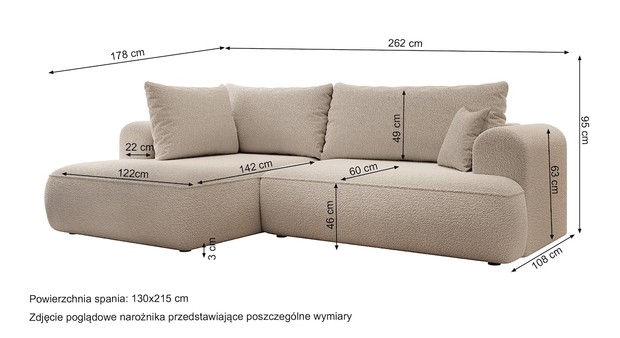 Narożnik z funkcją spania Ovo L-kształtny z boczkiem i pojemnikiem beżowy boucle lewostronny  - zdjęcie 8