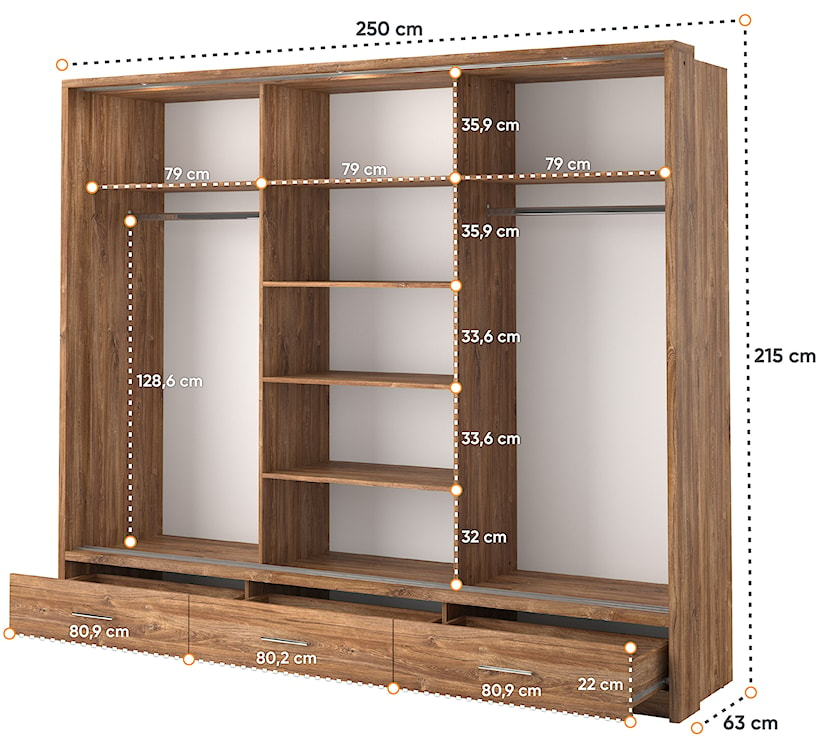 Szafa Arti trzydrzwiowa z lustrem i oświetleniem 250 cm dąb stirling  - zdjęcie 6