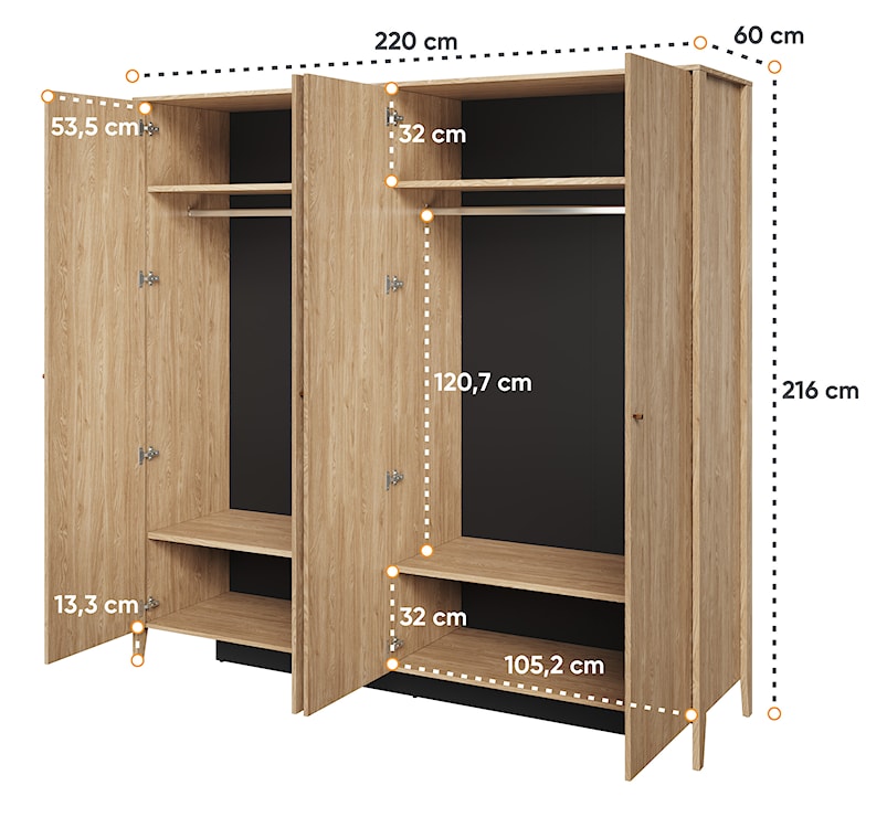 Szafa czterodrzwiowa Cozy z lustrami 220 cm dąb olejowany  - zdjęcie 7