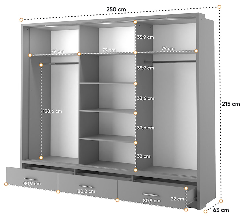 Szafa Arti trzydrzwiowa z lustrem i oświetleniem 250 cm szary  - zdjęcie 6