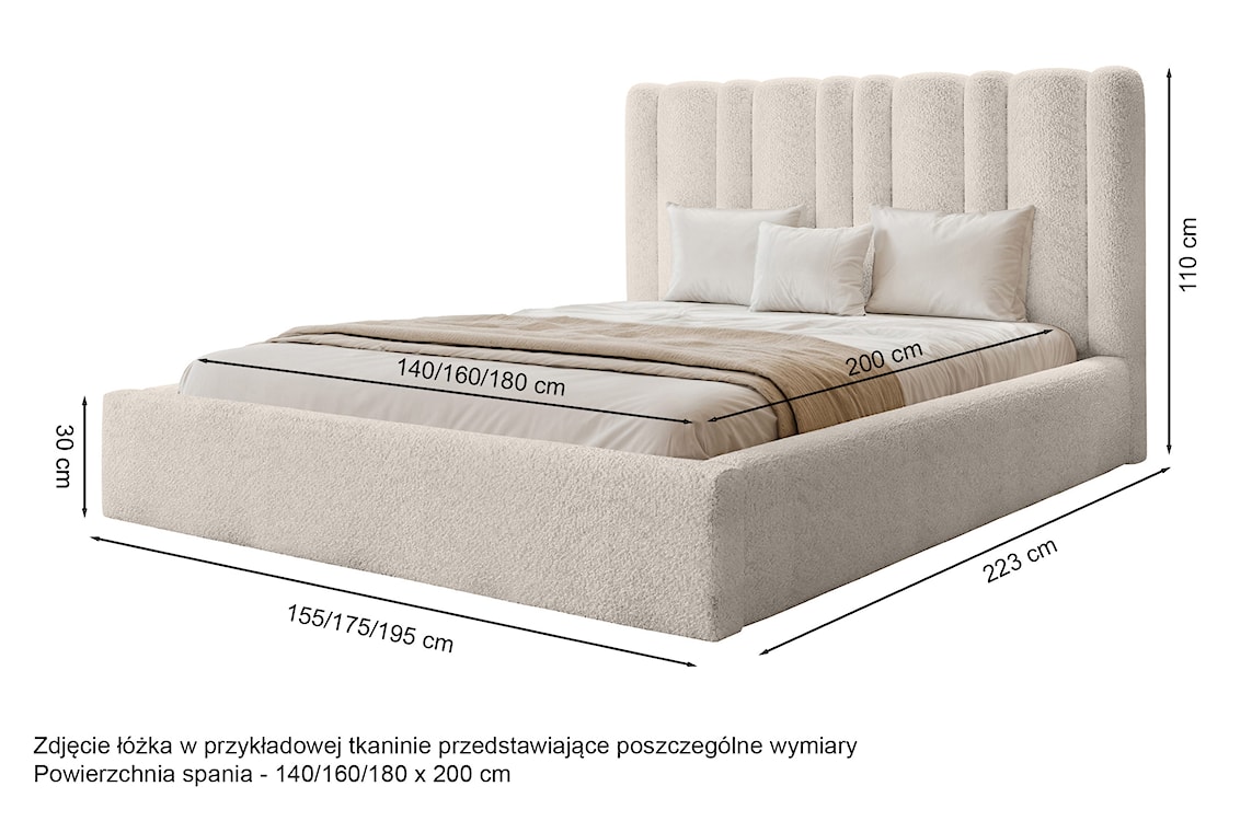 Łóżko tapicerowane 180x200 cm Wavaro z pojemnikiem stelaż metalowy beżowe boucle  - zdjęcie 3