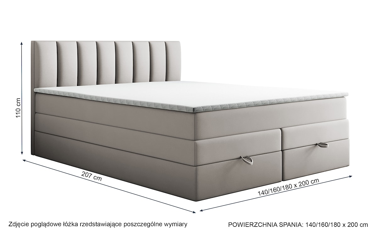 Łóżko kontynentalne 140x200 cm Resoluto z pojemnikami materacami bonellowymi i kieszeniowym jasnobeżowe welur hydrofobowy  - zdjęcie 6