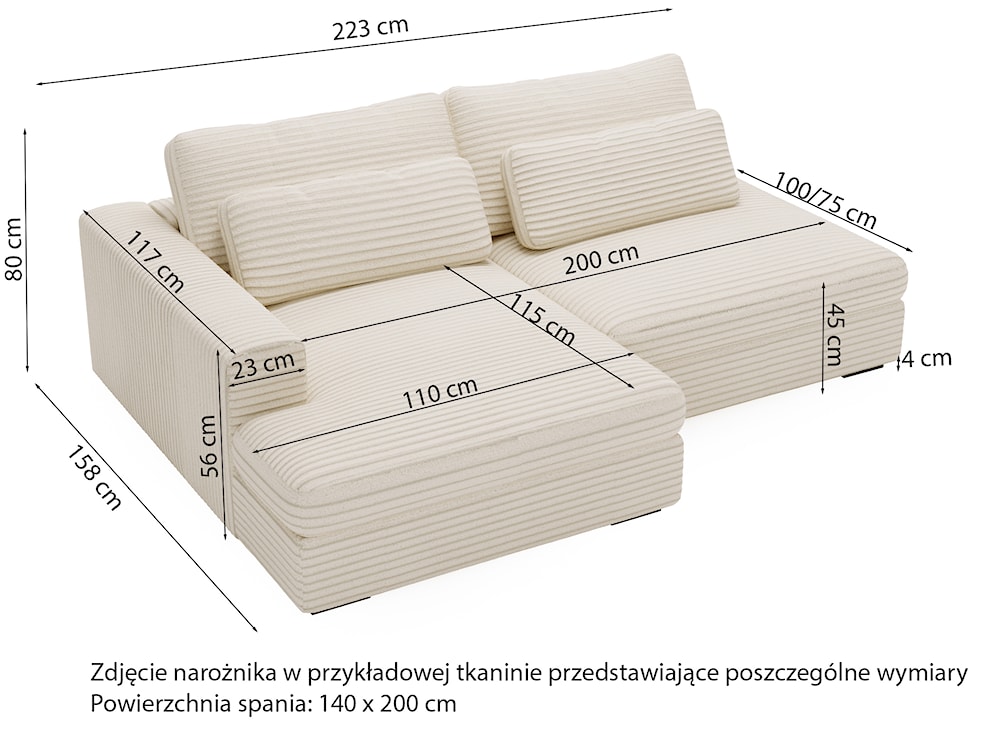 Narożnik z funkcją spania Lemmu L-kształtny szary gruby sztruks lewostronny  - zdjęcie 7