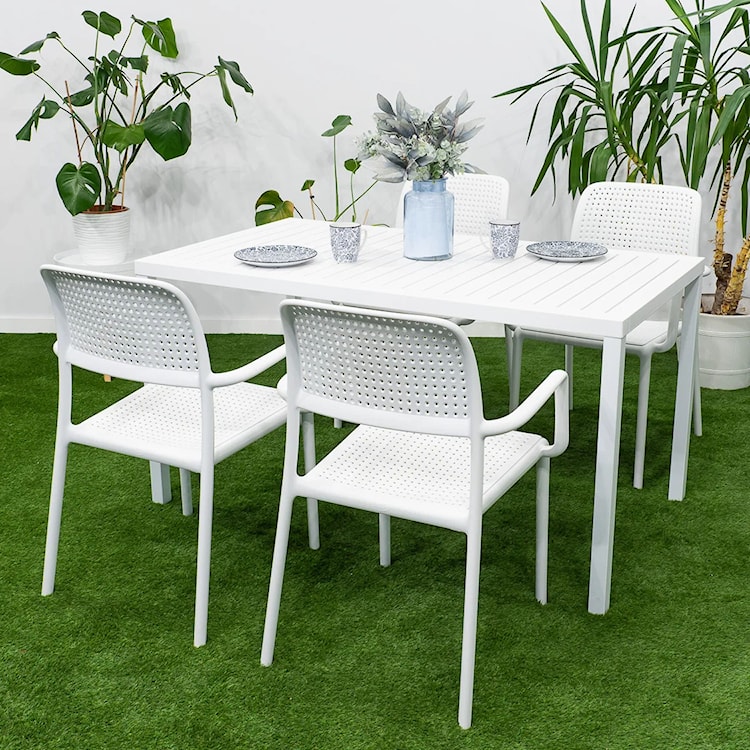 Zestaw ogrodowy stół Cube 140x80 cm i 4 krzesła z podłokietnikami Bora Nardi z certyfikowanego tworzywa biały  - zdjęcie 2