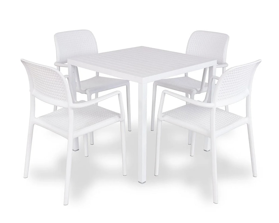 Zestaw ogrodowy stół kwadratowy Cube 80 cm i 4 krzesła z podłokietnikami Bora Nardi z certyfikowanego tworzywa biały