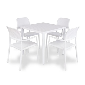 Zestaw ogrodowy stół kwadratowy Cube 80 cm i 4 krzesła z podłokietnikami Bora Nardi z certyfikowanego tworzywa biały